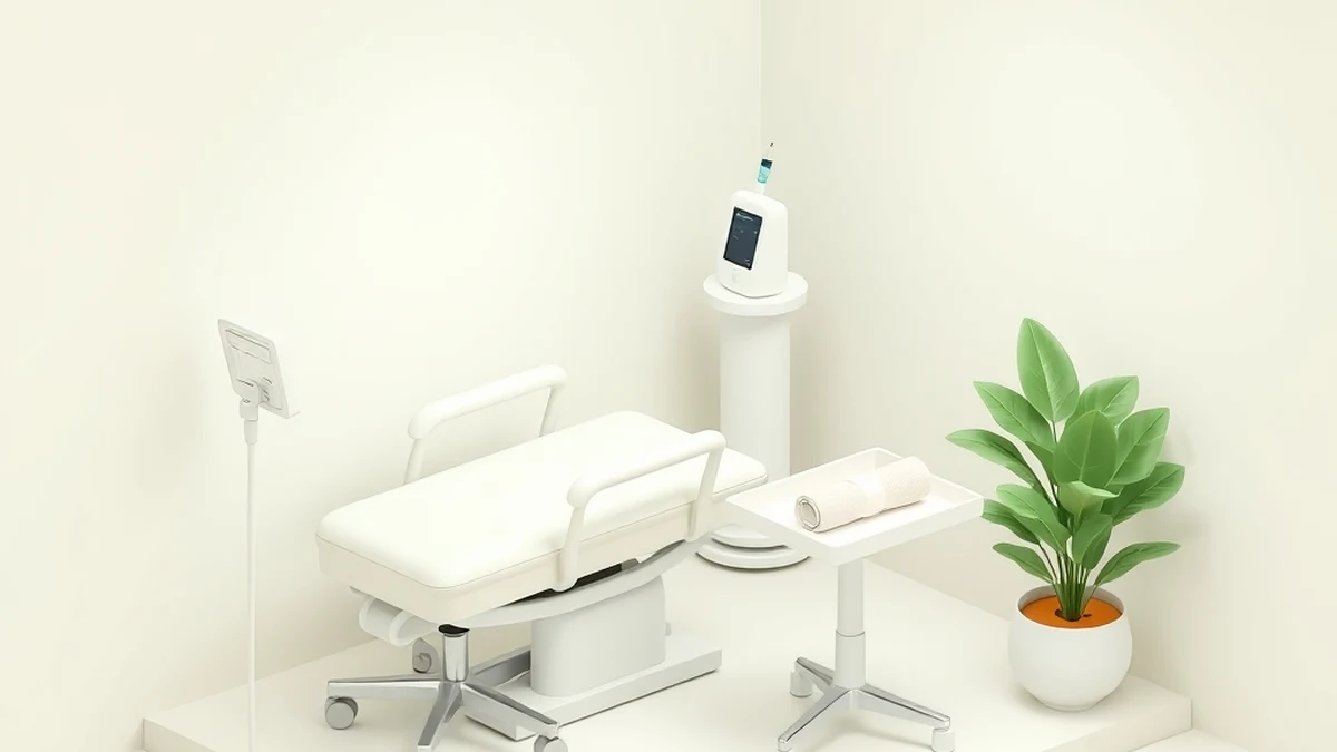 Isometric illustration of a minimal dermatology treatment room with a chair, a device on a stand and an instrument tray