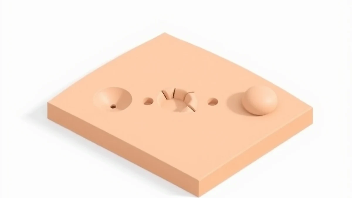 Isometric illustration of a skin-toned slab with different acne scar shapes on its surface, small deep pinholes, a wide shallow crater and a raised dome