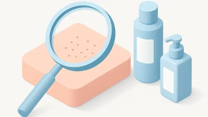 Magnifying lens over skin showing uniform fungal acne bumps beside skincare bottles
