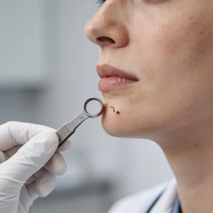 Dermatologist holding a circular punch excision tool near a marked ice pick scar treatment area during a clinical procedure