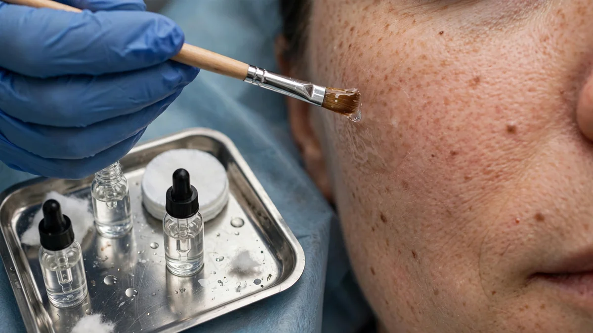 Dermatologist applying a chemical peel solution to a patient's cheek