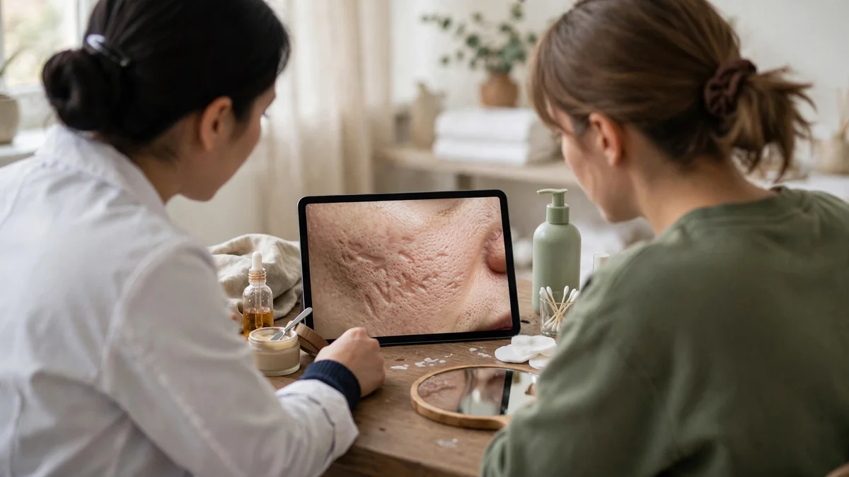 Dermatologist reviewing scar photos with a patient during a consultation