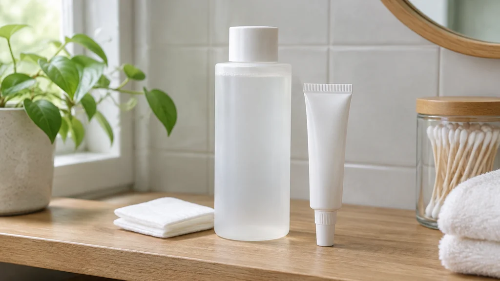 Salicylic acid toner and spot treatment on a bathroom shelf