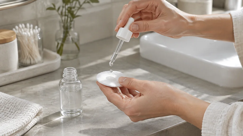 Drops of salicylic acid liquid applied to a cotton pad