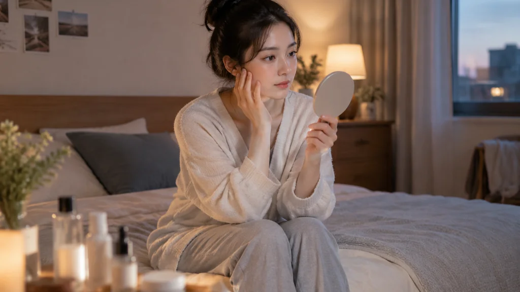 Person checking their skin in a mirror in the evening