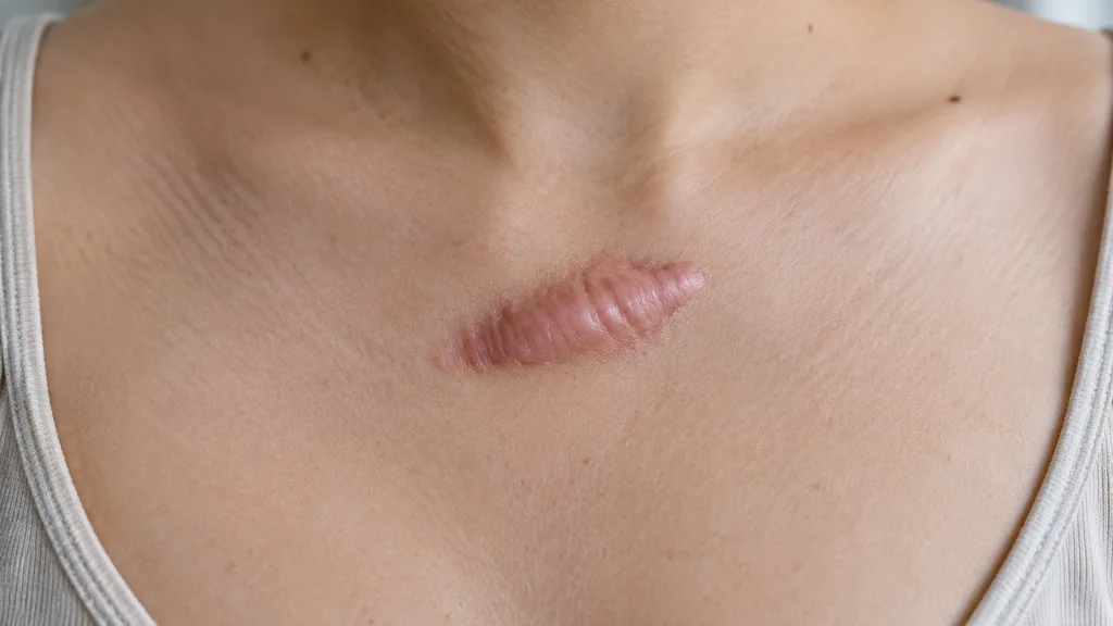 Raised pink keloid scar on upper chest in natural light