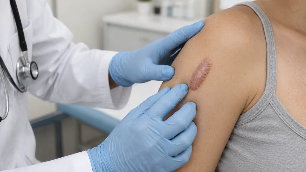 Dermatologist examining a raised keloid scar in clinic